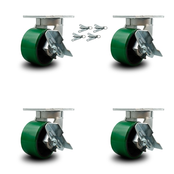 6 Inch Heavy Duty Green Poly on Cast Iron Caster Set with Brake and Swivel Lock